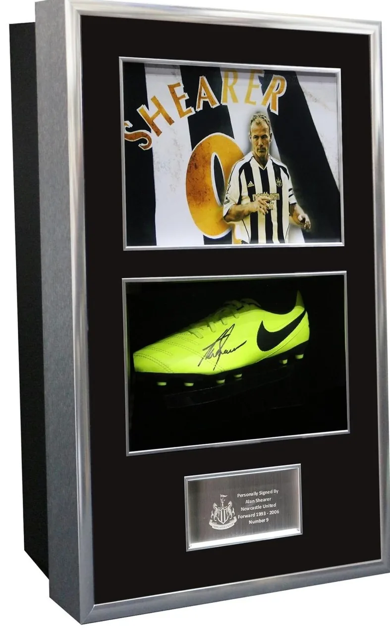 Alan Shearer — signed Newcastle United boot — authentic signed memorabilia, framed