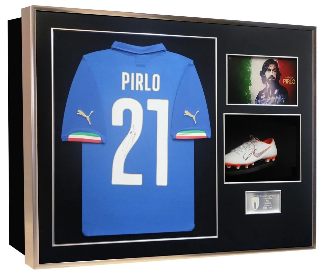 Andrea Pirlo — signed Italy shirt with boot — authentic signed memorabilia, framed