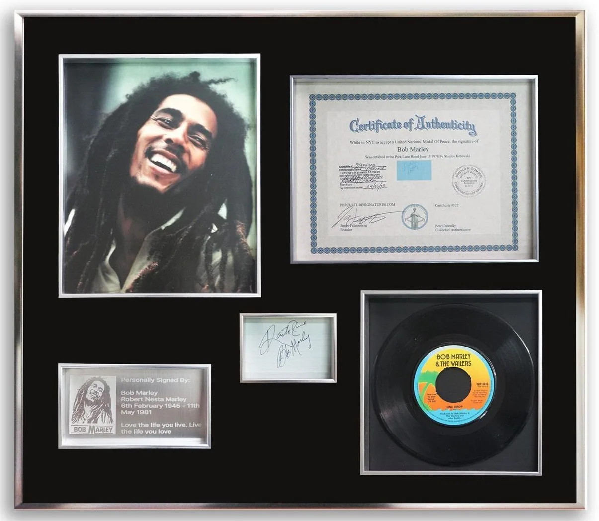 Bob Marley — signed display with single — memorabilia bertanda tangan asli dalam bingkai