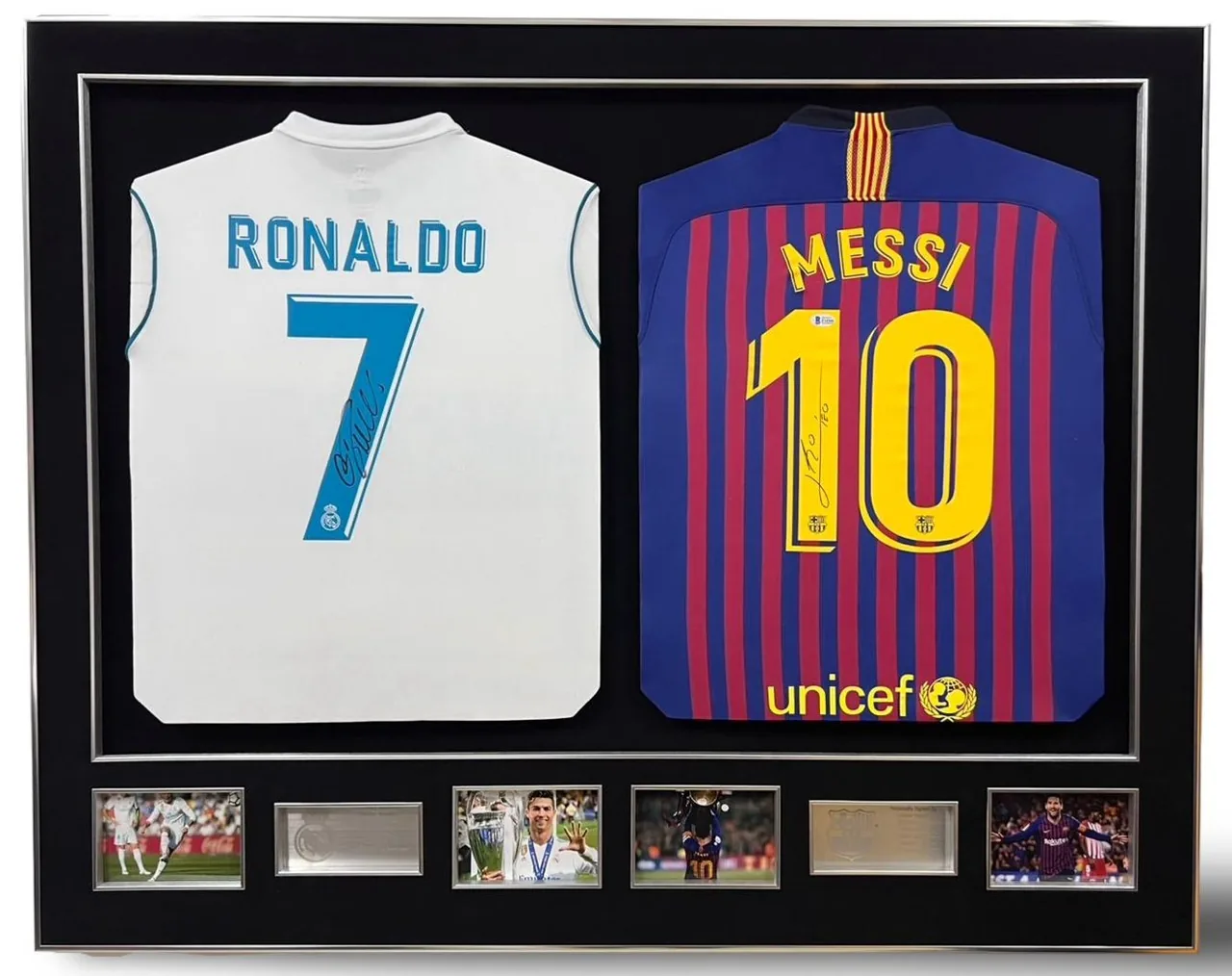 Cristiano Ronaldo & Lionel Messi — dual signed shirt frame — memorabilia bertanda tangan asli dalam bingkai