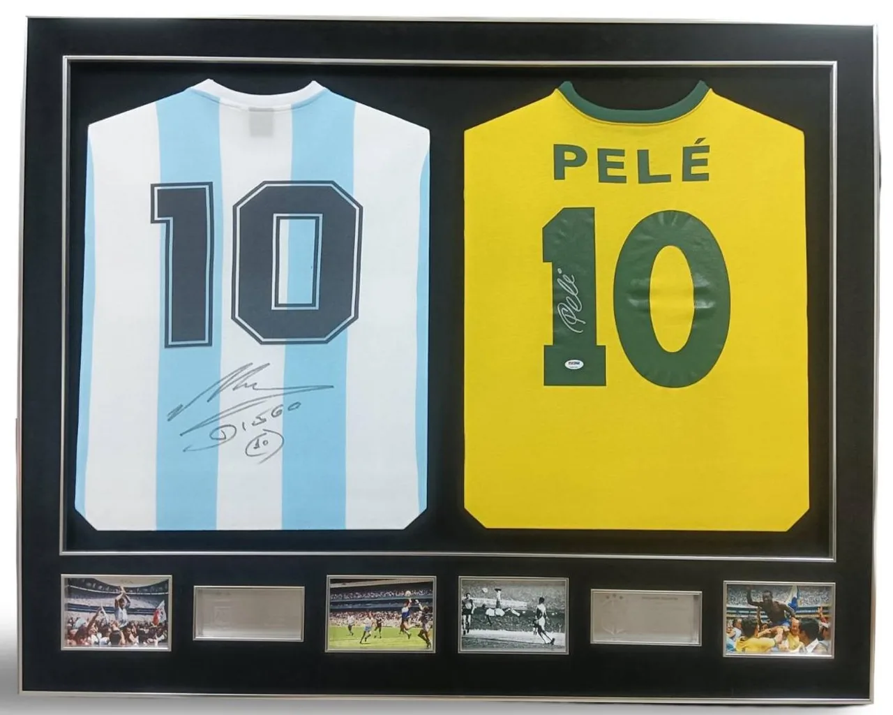 Diego Maradona & Pelé — dual signed shirt frame — authentic signed memorabilia, framed