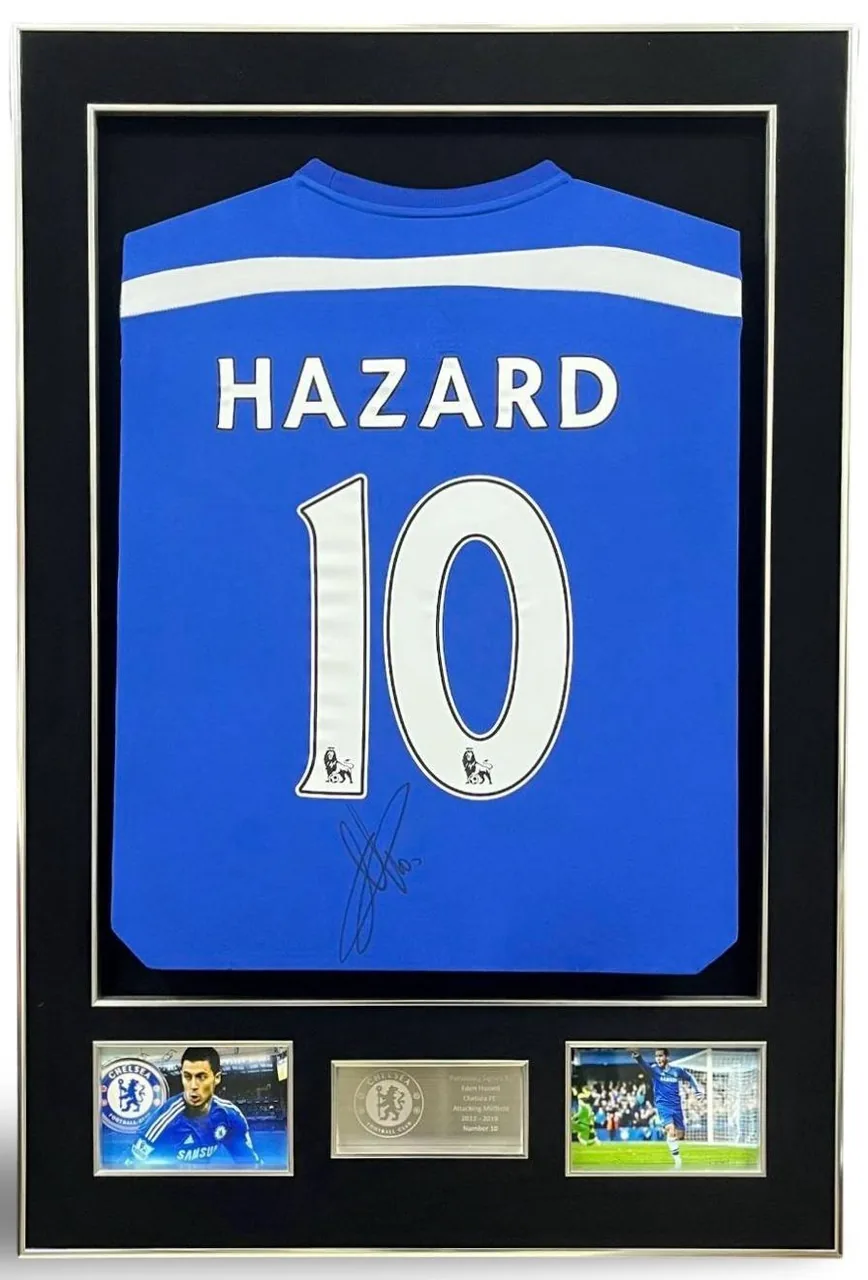 Eden Hazard — signed Chelsea shirt (white collar band, silver frame) — authentic signed memorabilia, framed