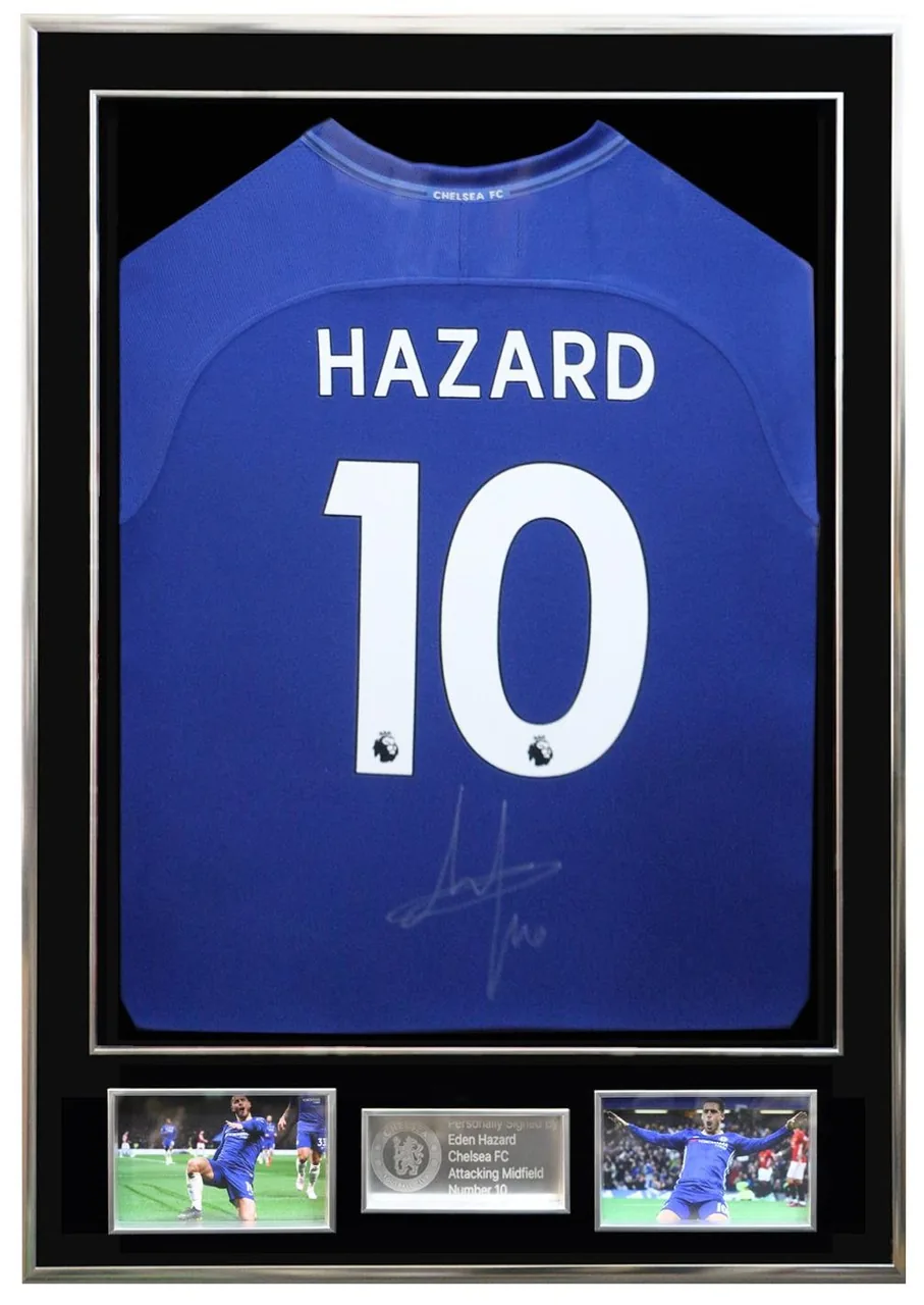 Eden Hazard — signed Chelsea shirt (plain blue, silver frame) — memorabilia bertanda tangan asli dalam bingkai