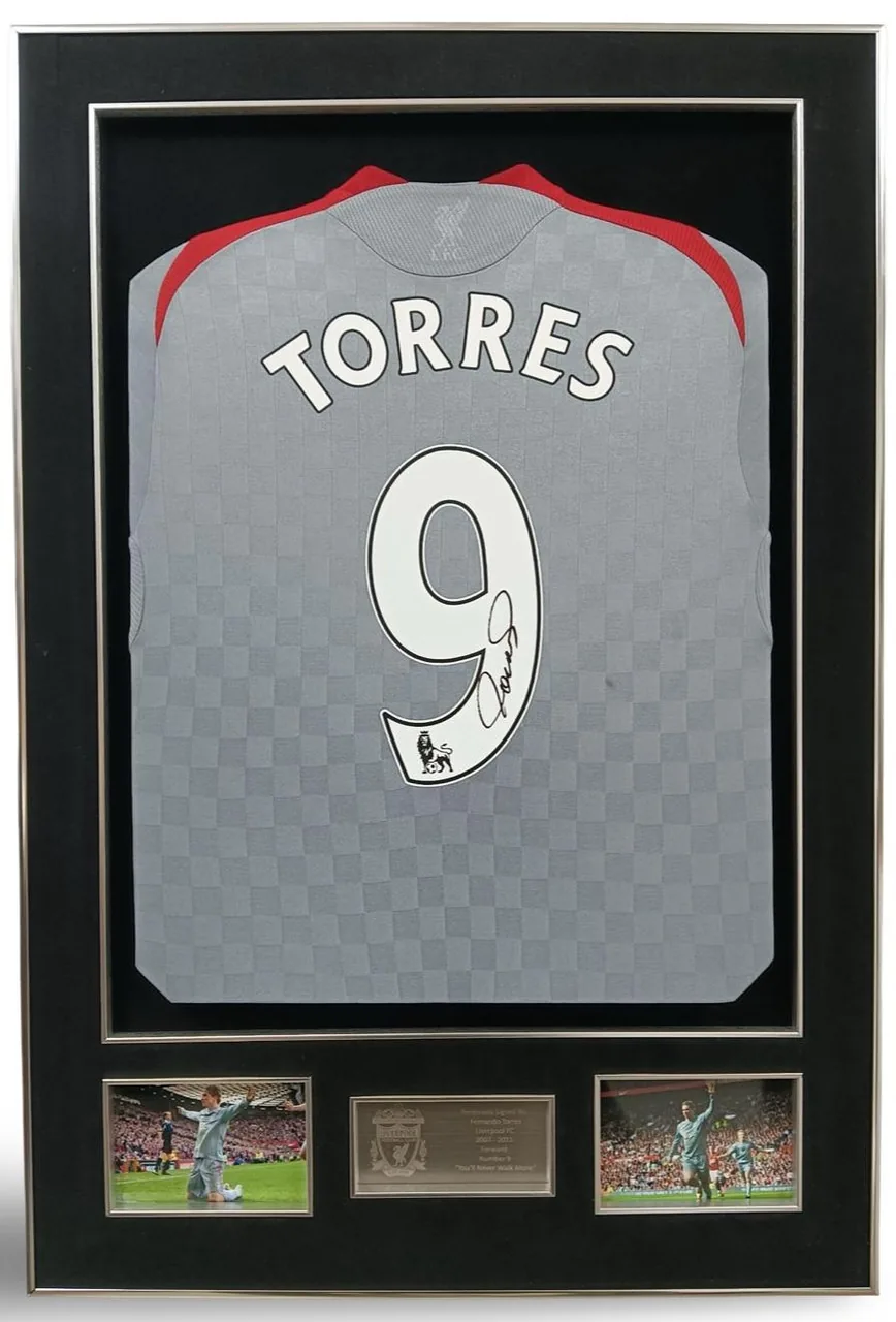 Fernando Torres — signed Liverpool away shirt (grey) — authentic signed memorabilia, framed