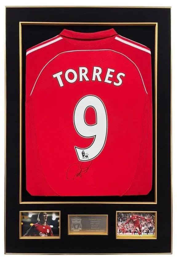 Fernando Torres — signed Liverpool shirt (plain red, gold frame) — authentic signed memorabilia, framed