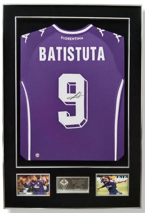 Gabriel Batistuta — signed Fiorentina shirt (purple, silver frame) — authentic signed memorabilia, framed