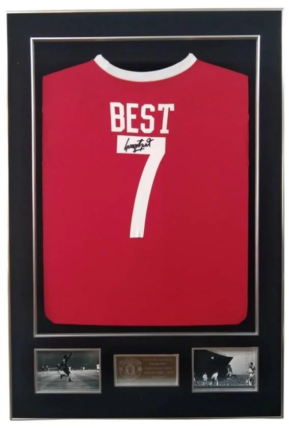 George Best — signed Manchester United shirt (signature beside the name, silver frame) — memorabilia bertanda tangan asli dalam bingkai