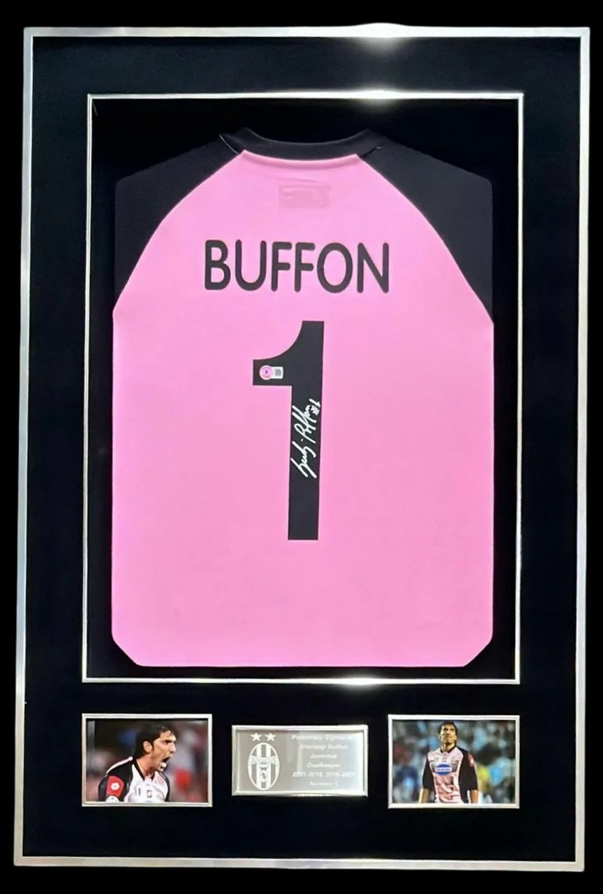 Gianluigi Buffon — signed Juventus goalkeeper shirt (silver frame) — authentic signed memorabilia, framed