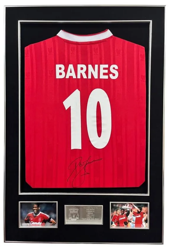 John Barnes — signed Liverpool shirt (white collar, silver frame) — memorabilia bertanda tangan asli dalam bingkai