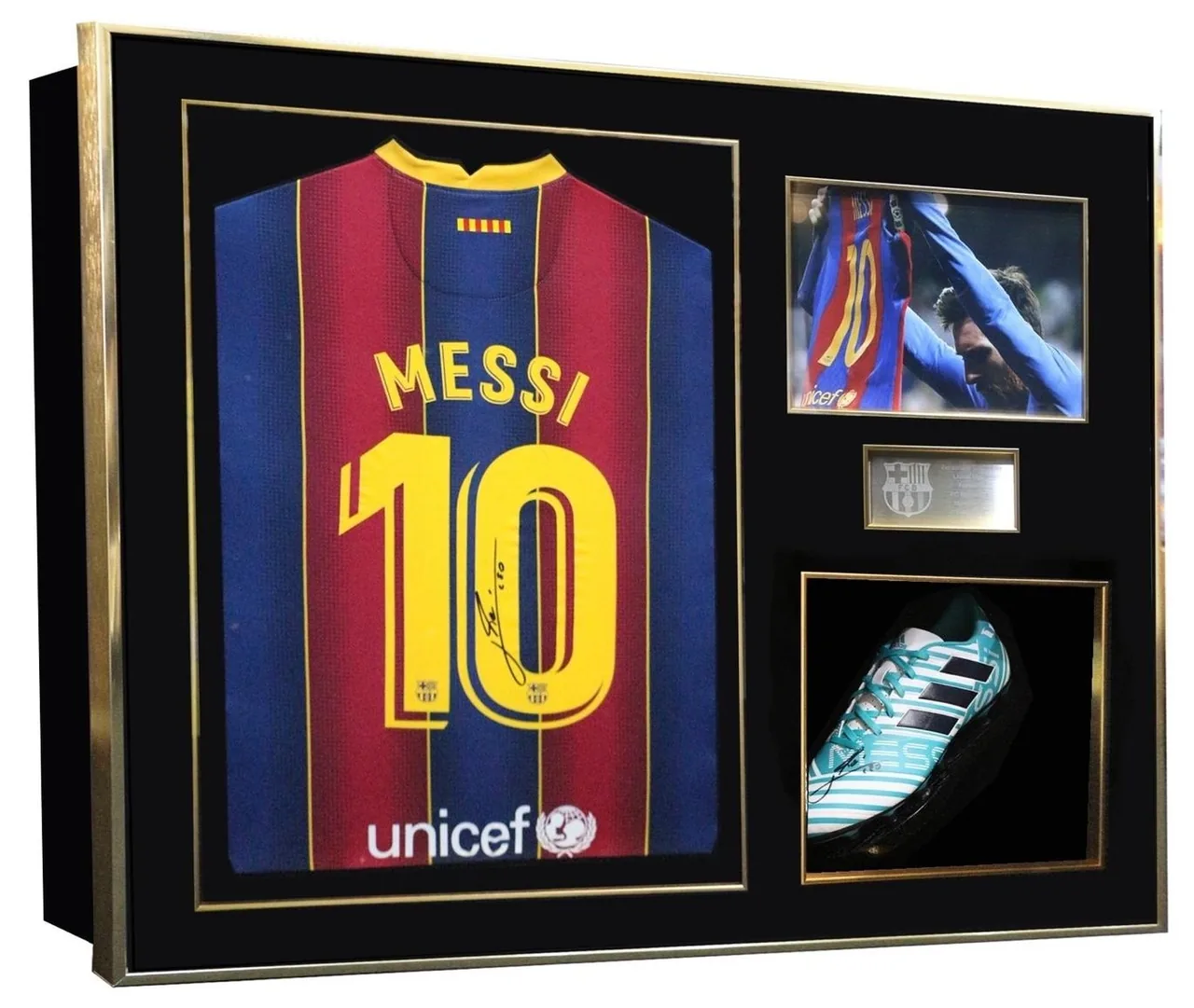 Lionel Messi — signed Barcelona shirt with boot — memorabilia bertanda tangan asli dalam bingkai