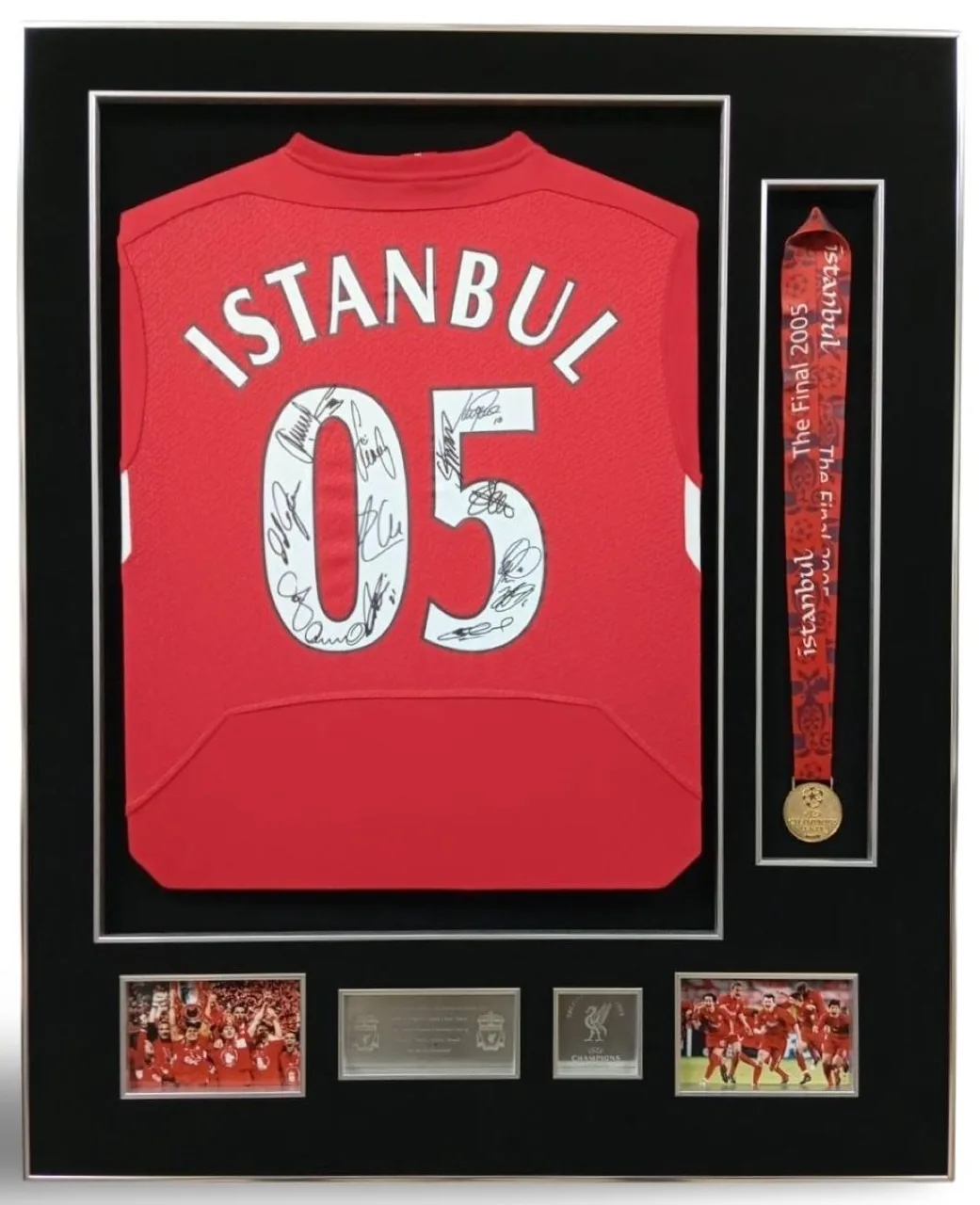 Liverpool Istanbul 2005 — squad-signed shirt with final medal — authentic signed memorabilia, framed