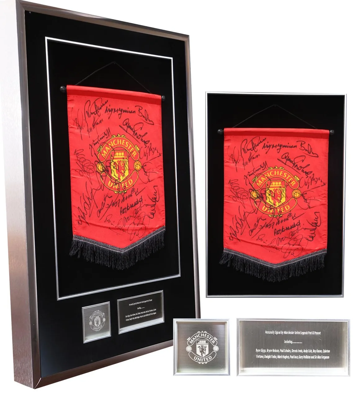 Manchester United legends — signed pennant — authentic signed memorabilia, framed