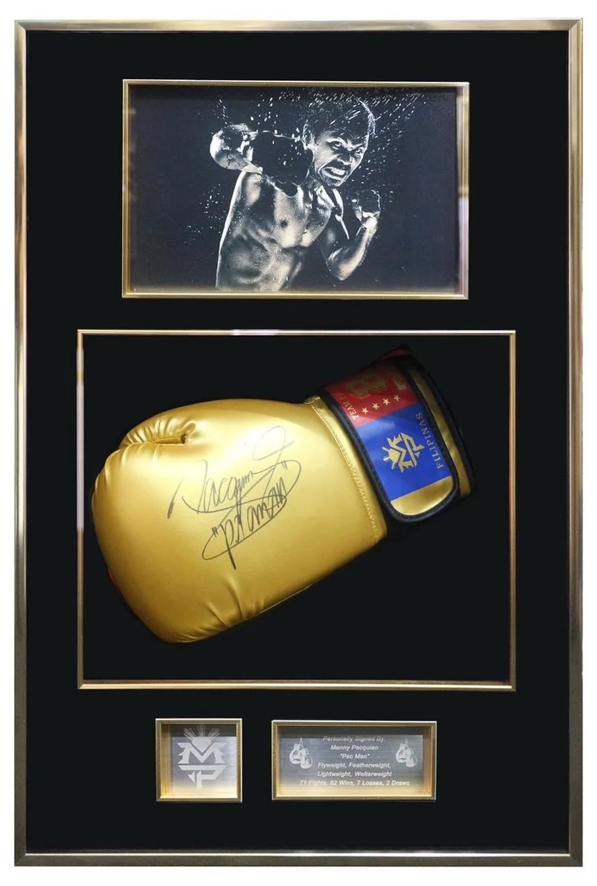 Manny Pacquiao — signed gold boxing glove — authentic signed memorabilia, framed