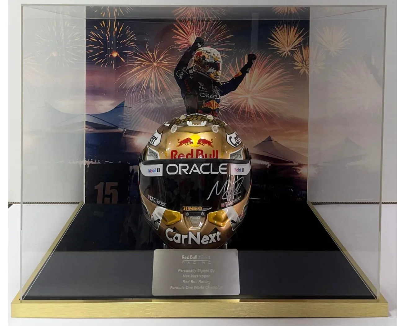 Max Verstappen — signed Red Bull Racing gold championship helmet — authentic signed memorabilia, framed