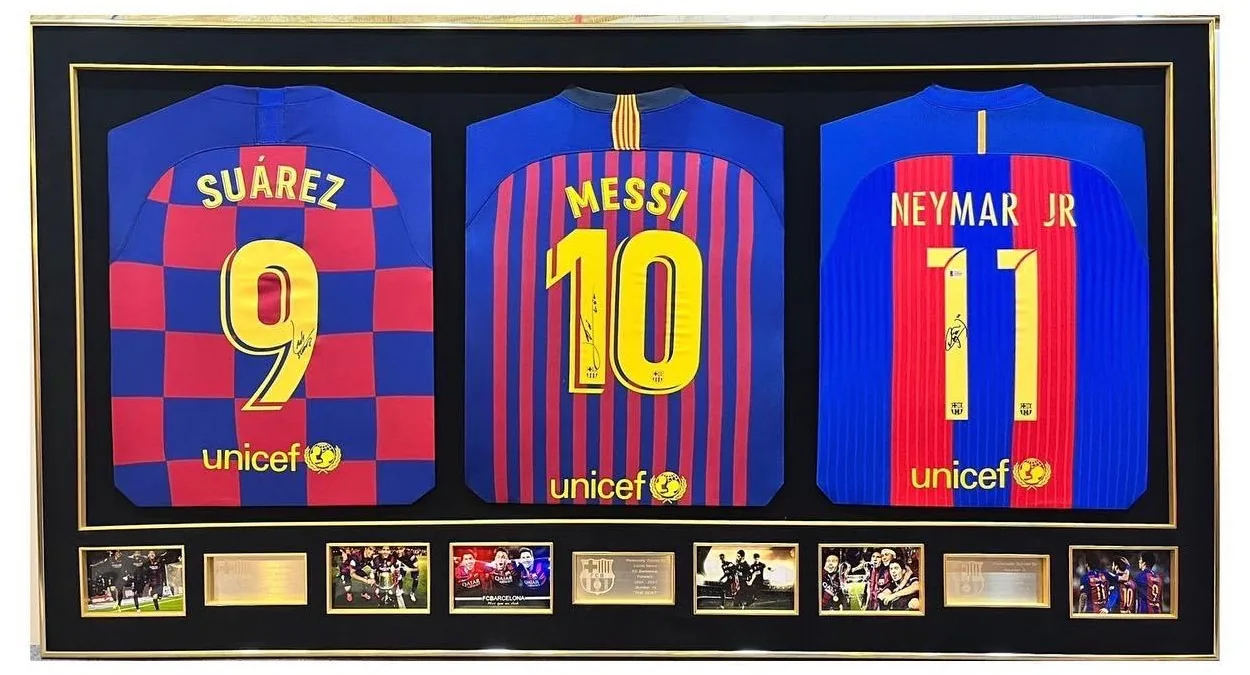 Messi, Suárez & Neymar — signed Barcelona triple shirt frame — authentic signed memorabilia, framed