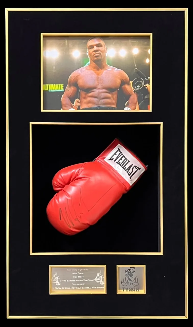 Mike Tyson — signed Everlast glove (glove facing right, red, gold frame) — authentic signed memorabilia, framed