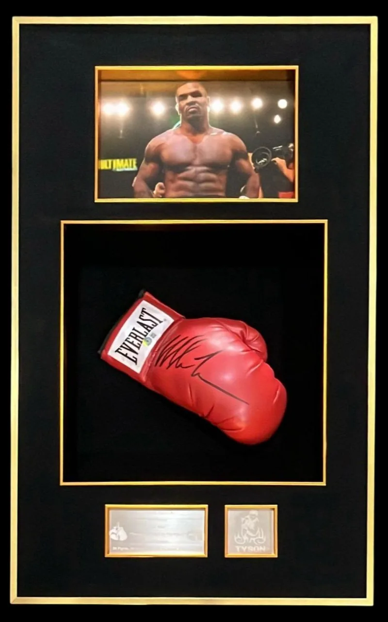 Mike Tyson — signed Everlast glove (glove facing left, red, gold frame) — memorabilia bertanda tangan asli dalam bingkai