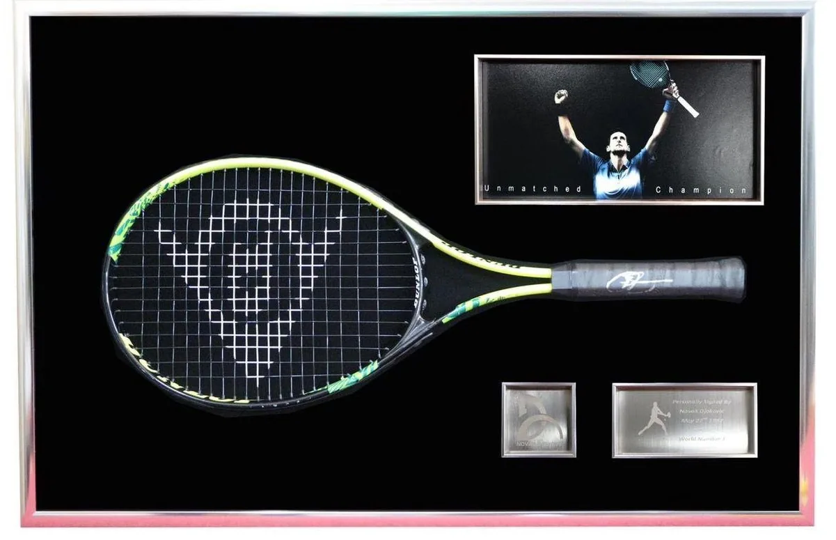 Novak Djokovic — signed tennis racket (gold frame) — authentic signed memorabilia, framed