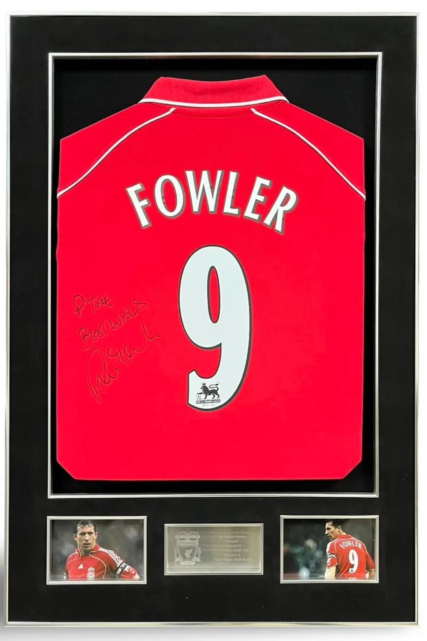 Robbie Fowler — signed Liverpool shirt (white collar, silver frame) — authentic signed memorabilia, framed