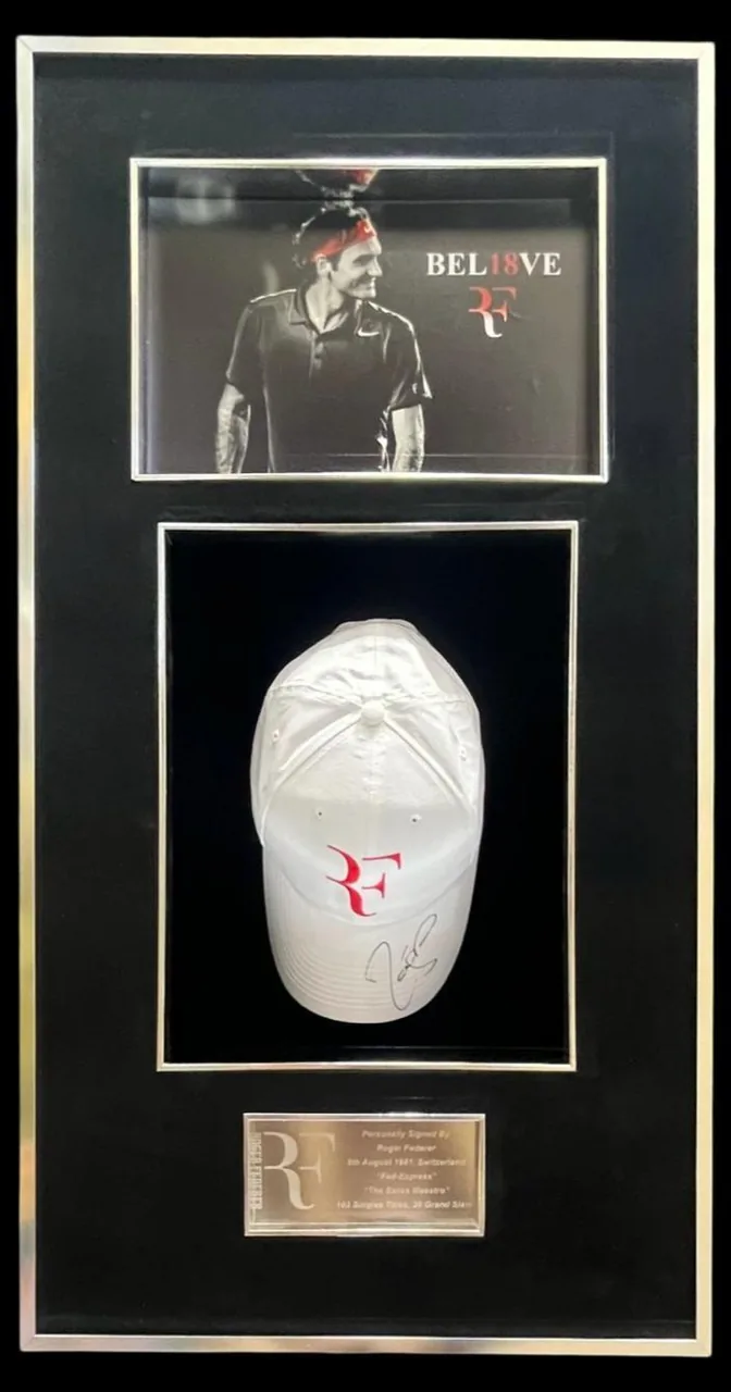 Roger Federer — signed cap — authentic signed memorabilia, framed