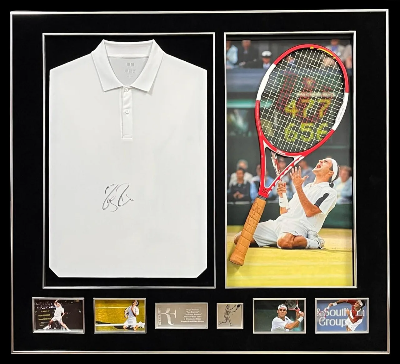 Roger Federer — signed polo shirt — memorabilia bertanda tangan asli dalam bingkai