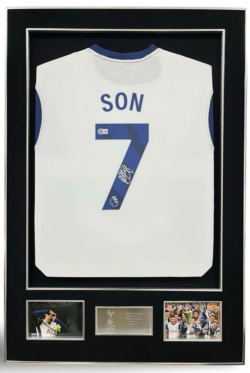 Son Heung-min — signed Tottenham Hotspur shirt (navy shoulders, silver frame) — authentic signed memorabilia, framed
