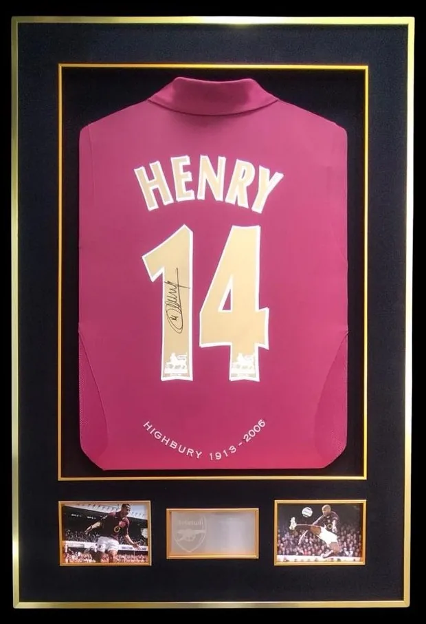 Thierry Henry — signed Arsenal Highbury shirt (gold border, gold frame) — authentic signed memorabilia, framed