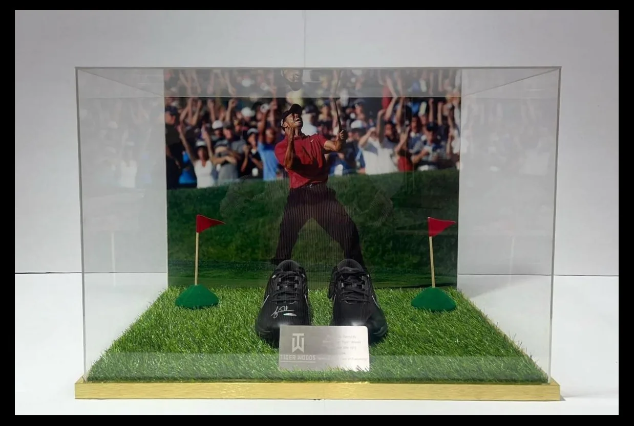 Tiger Woods — signed golf shoes in display case — authentic signed memorabilia, framed