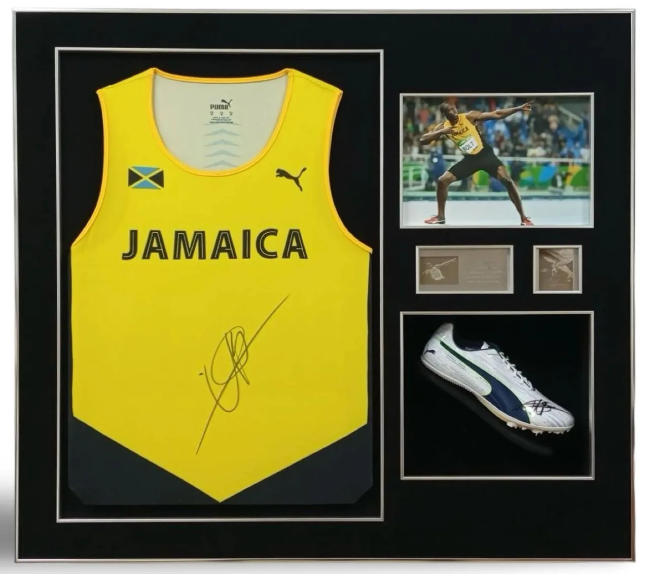 Usain Bolt — signed Jamaica vest and spike (victory pose photo, silver frame) — authentic signed memorabilia, framed
