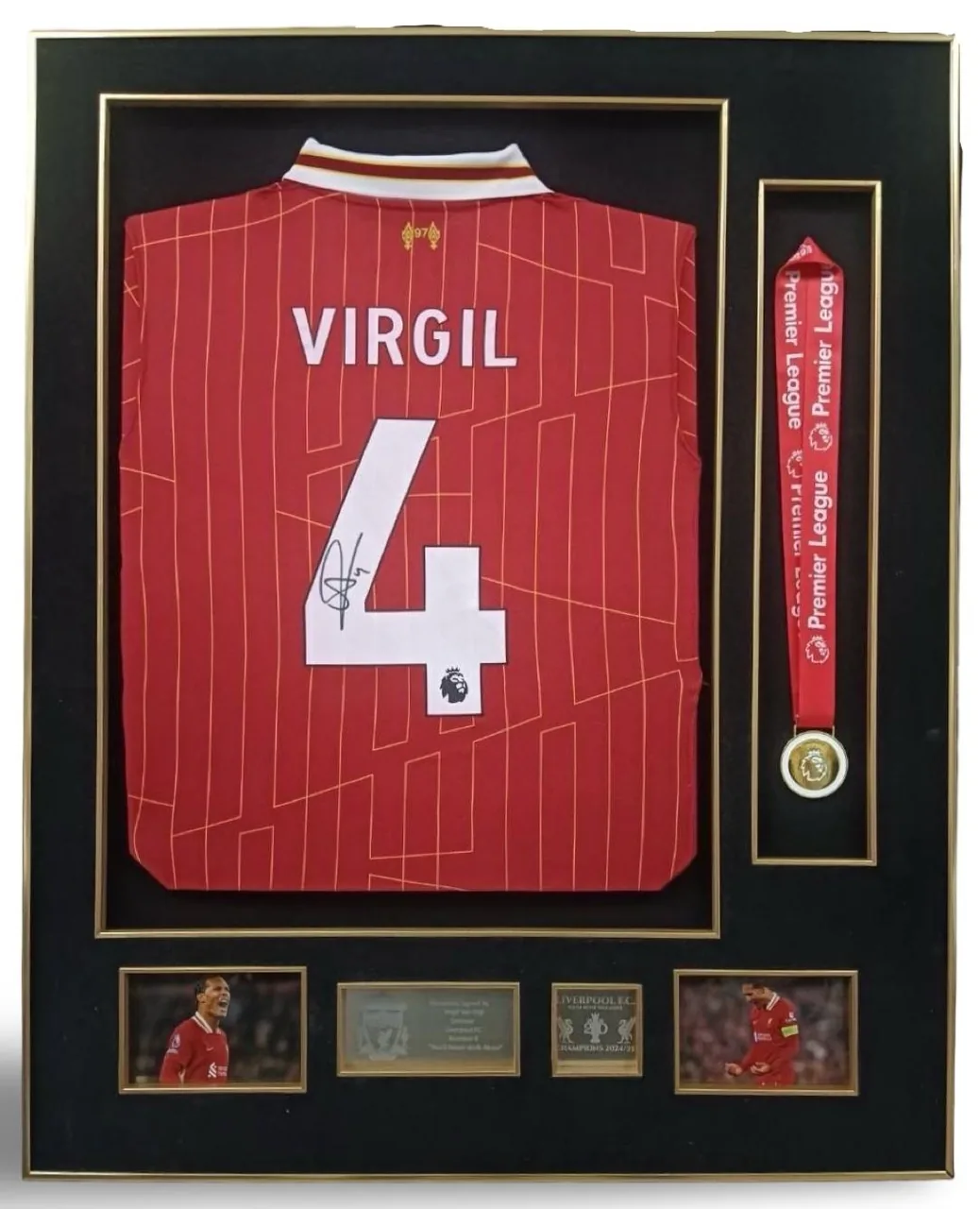 Virgil van Dijk — signed Liverpool shirt with Premier League medal — memorabilia bertanda tangan asli dalam bingkai
